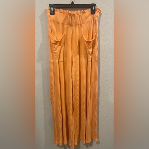 Free People Orange Ribbed Wide Leg Ruffle Waist Pants - Picture 4 of 6
